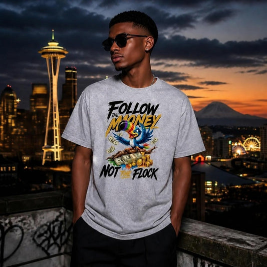 Follow The Money Tee worn on a Seattle rooftop