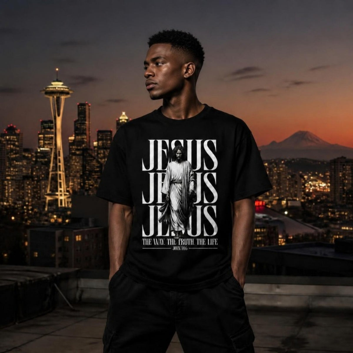 Jesus 2 Jesus Tee worn on a Seattle rooftop