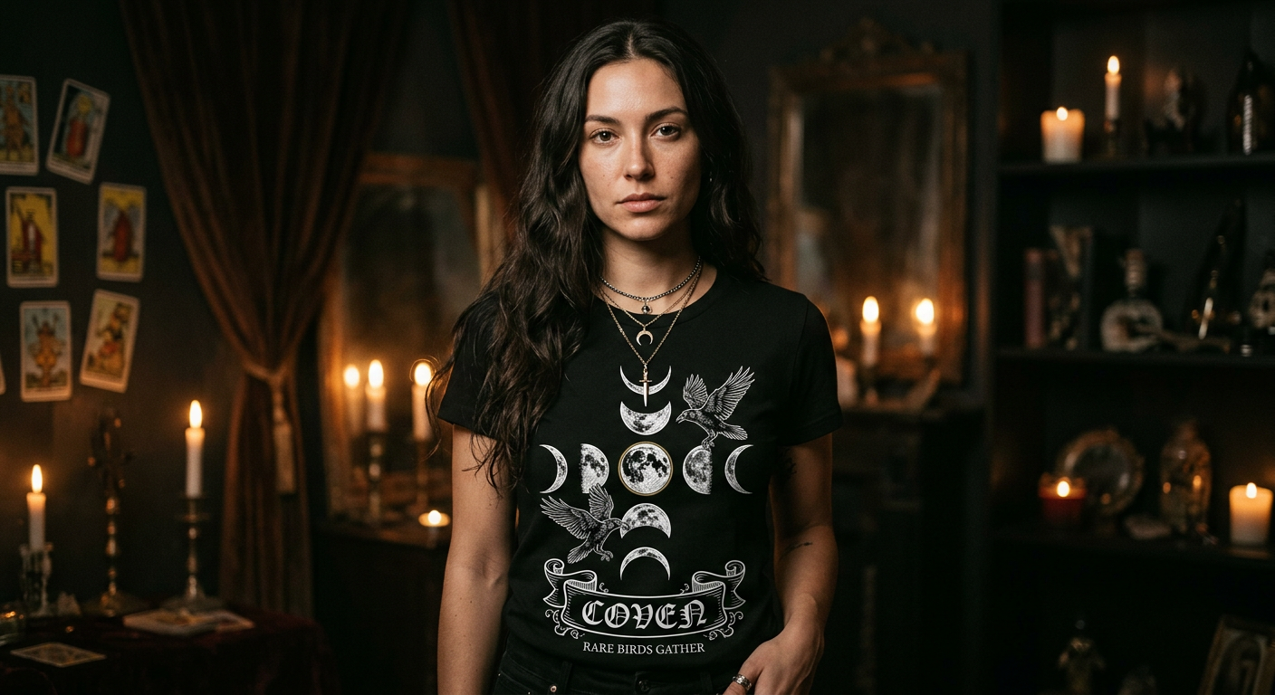 Woman wearing Coven dark-femme moonphase tee with candlelit tarot interior backdrop