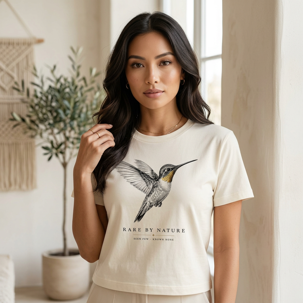 Elegant woman wearing Rare By Nature hummingbird cream tee in quiet luxury interior with botanical elements