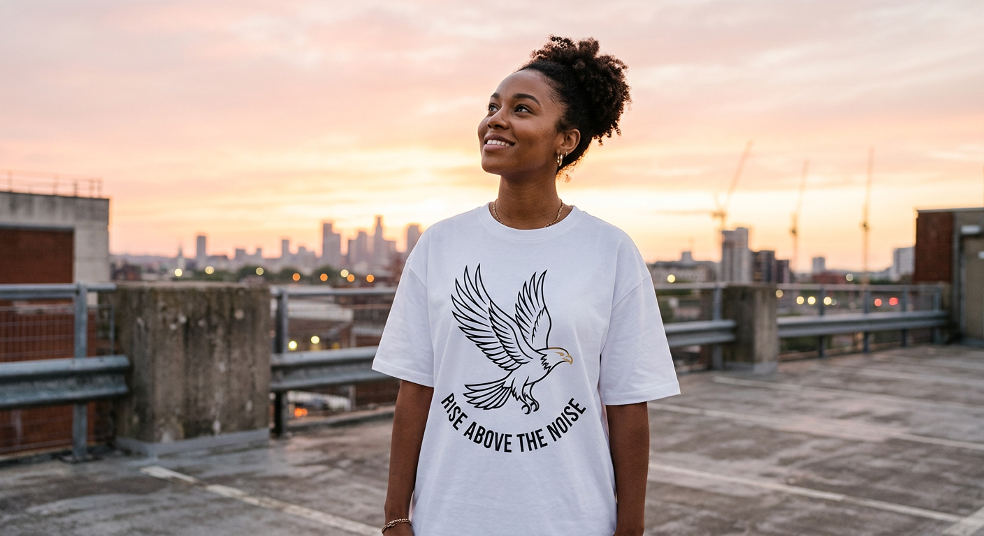 Black woman with natural curly afro wearing Rise Above The Noise black tee with detailed phoenix graphic and gold chains