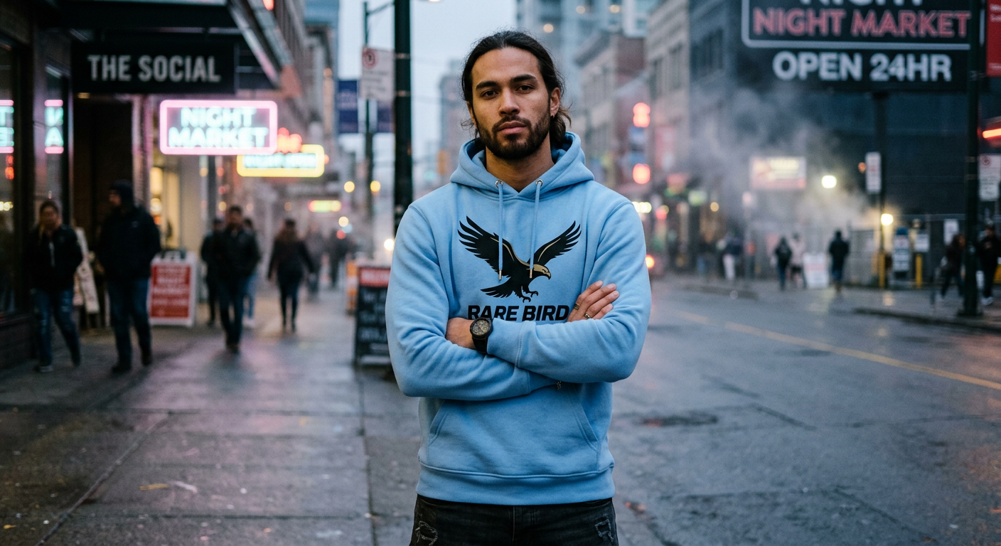 Mixed-race man wearing Rare Bird Carolina blue pullover hoodie with bold eagle graphic on neon-lit downtown street at dusk