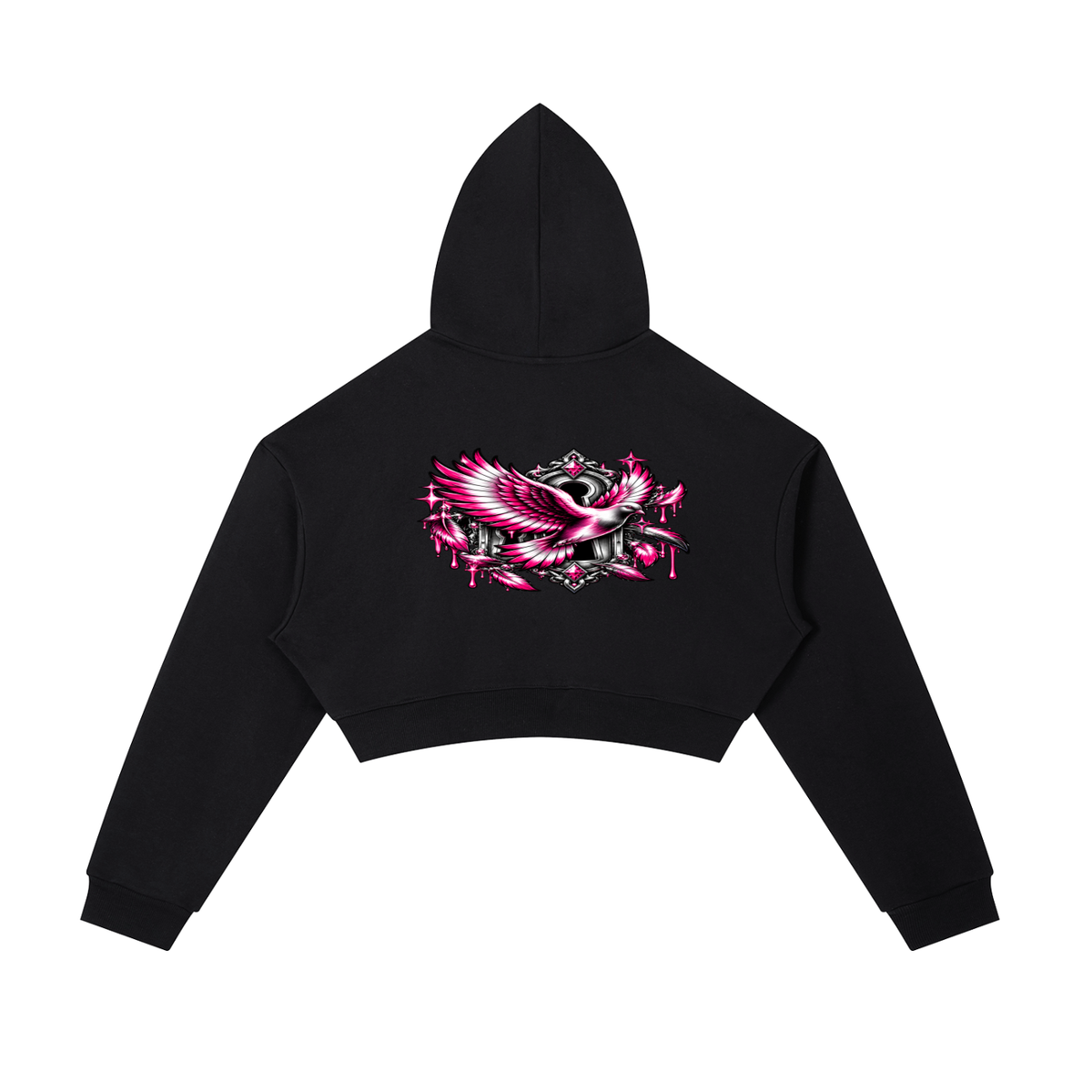 Never Caged Cropped Zip-Up Hoodie – Black & Pink Y2K Dove Graphic