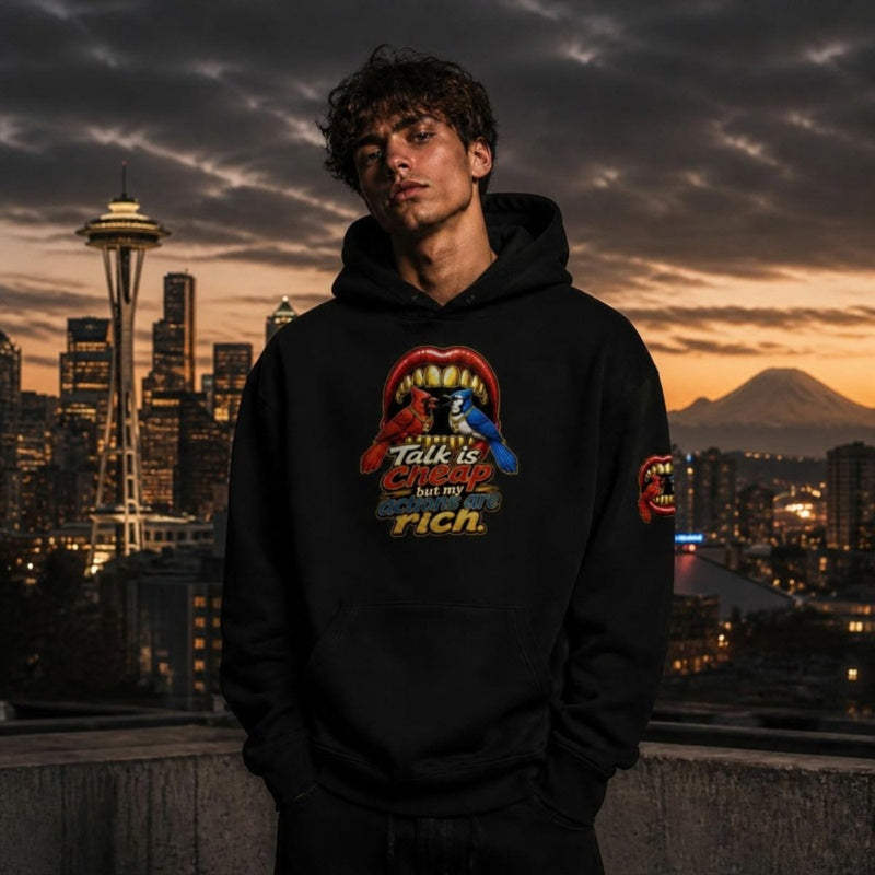 Talk Is Cheap Hoodie worn on a rooftop