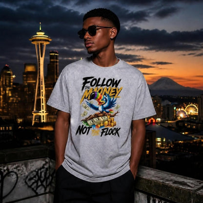 Follow The Money Tee worn on a Seattle rooftop