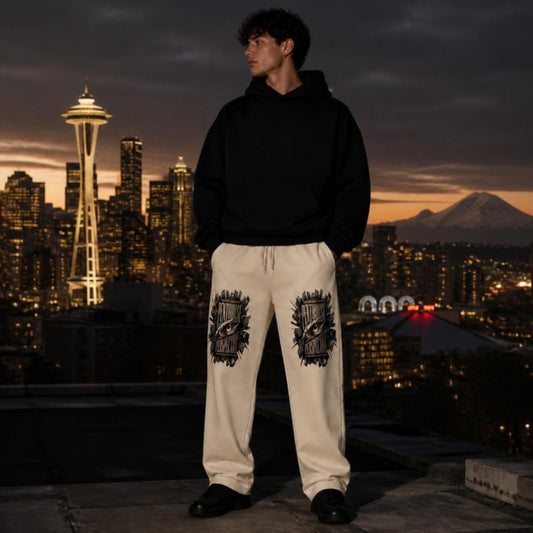 Penthouse Perspective Cream Sweatpants worn in Seattle at dusk