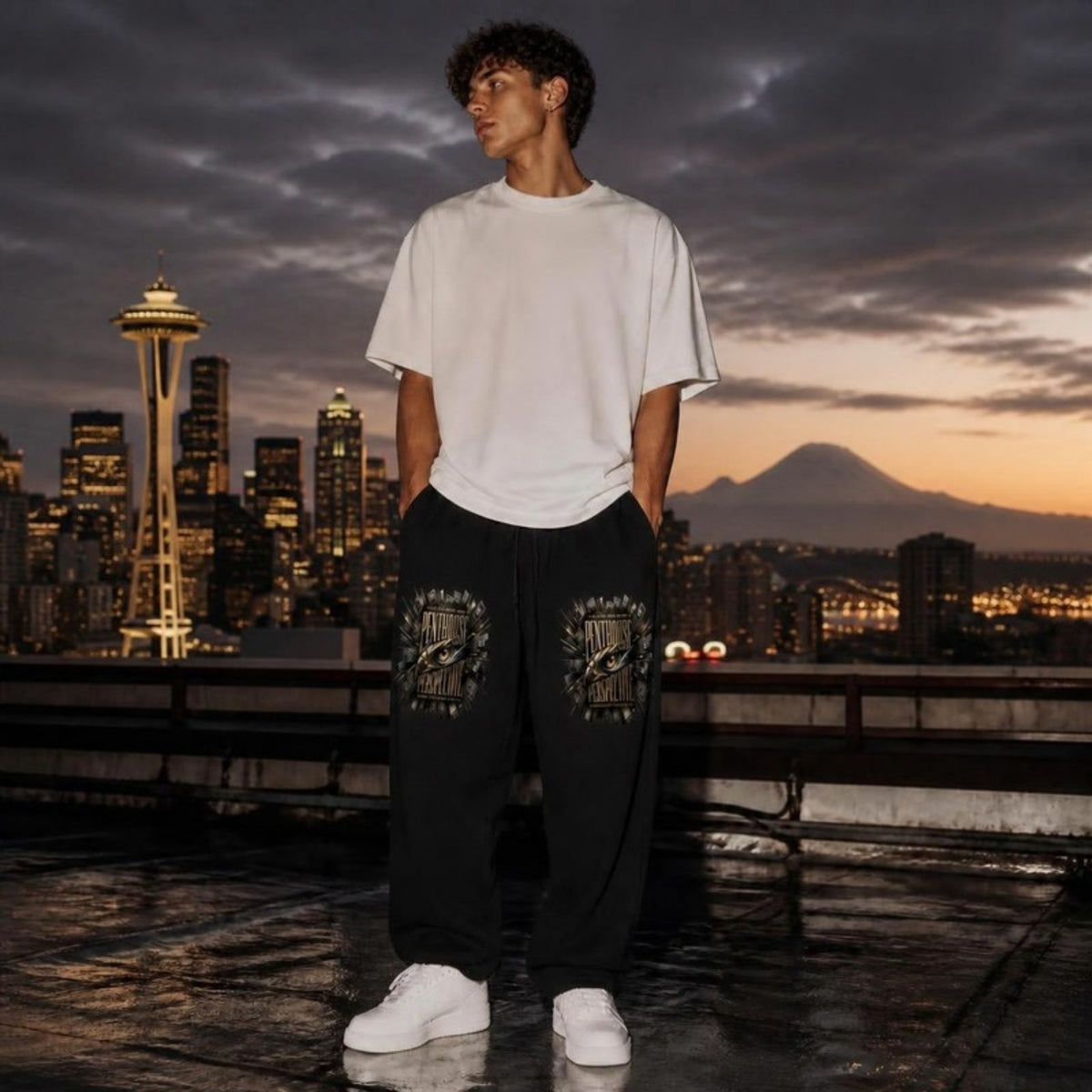 Penthouse Perspective Sweatpants worn in Seattle at dusk