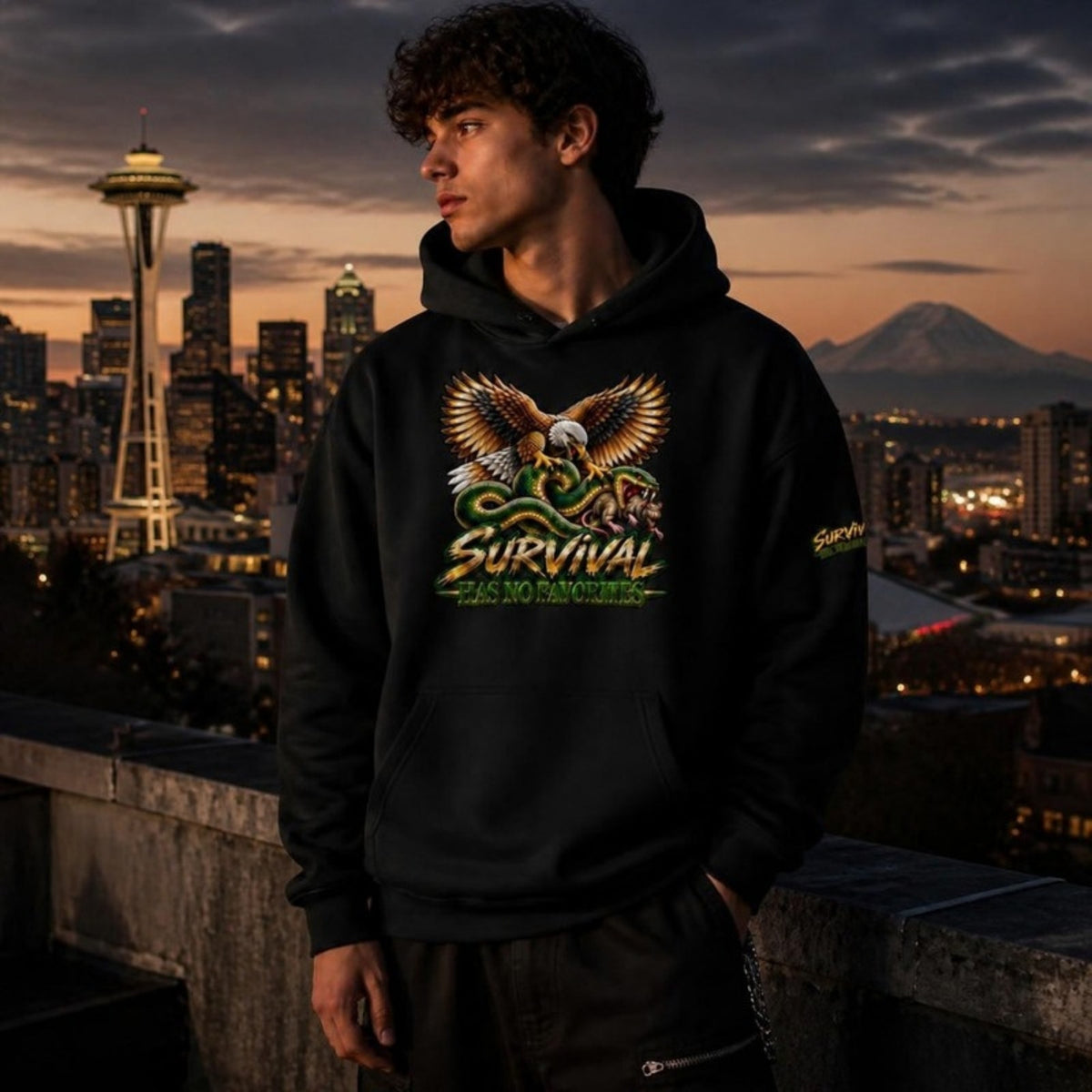 Survival Has No Favorites Hoodie worn in Seattle at dusk
