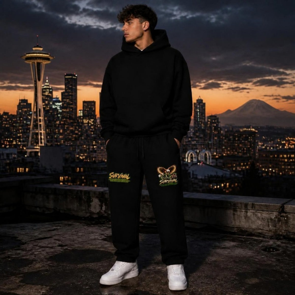 Survival Has No Favorites Sweatpants worn in Seattle at dusk