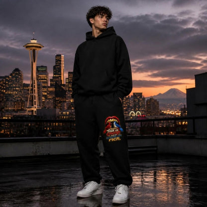 Talk Is Cheap Sweatpants worn in Seattle at dusk