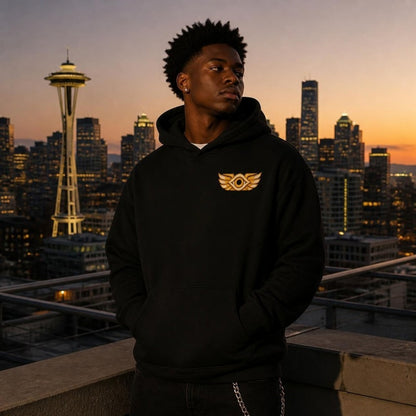 Birds Eye Blue Owl Hoodie on model