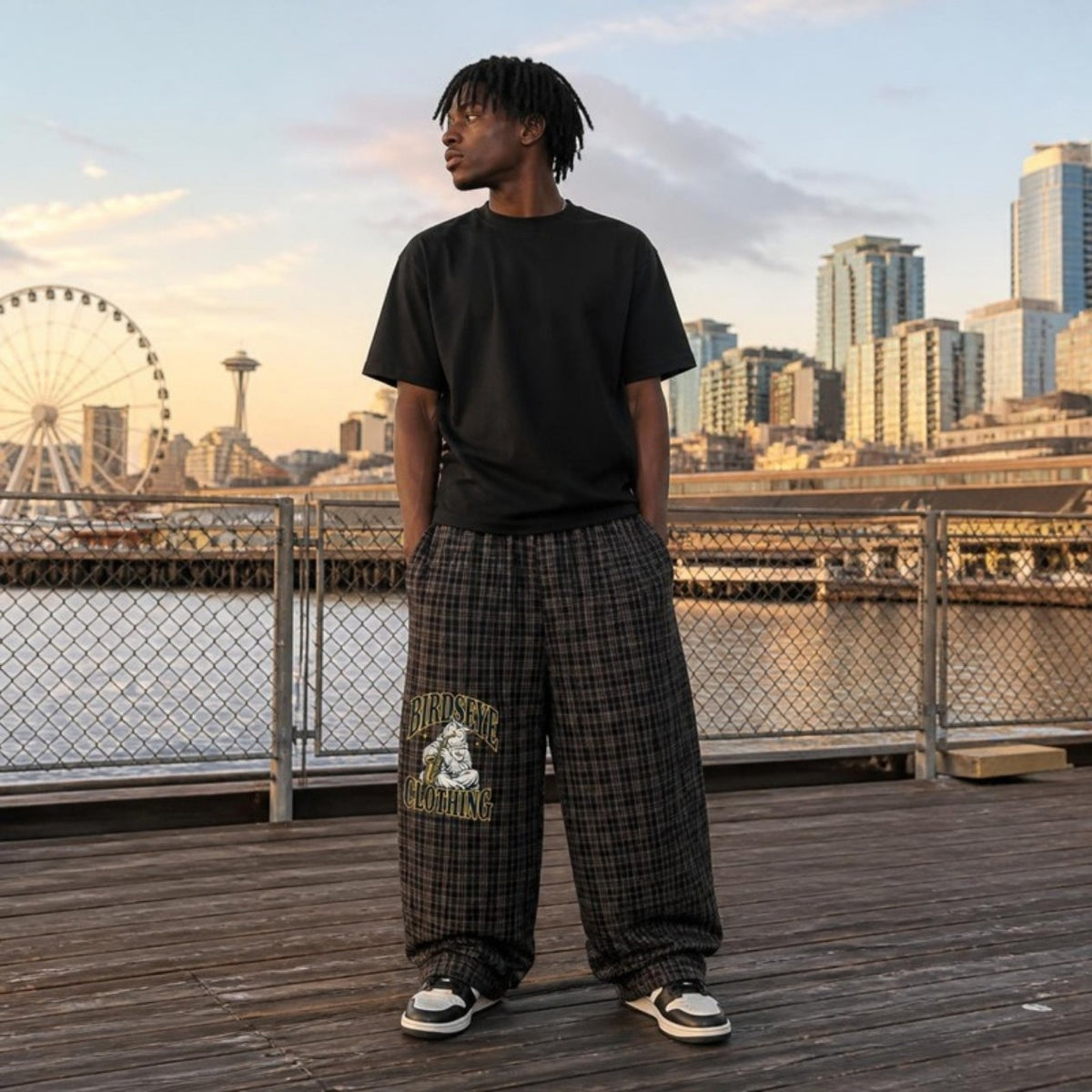 Birdseye Plaid Wide-Leg Pants on model