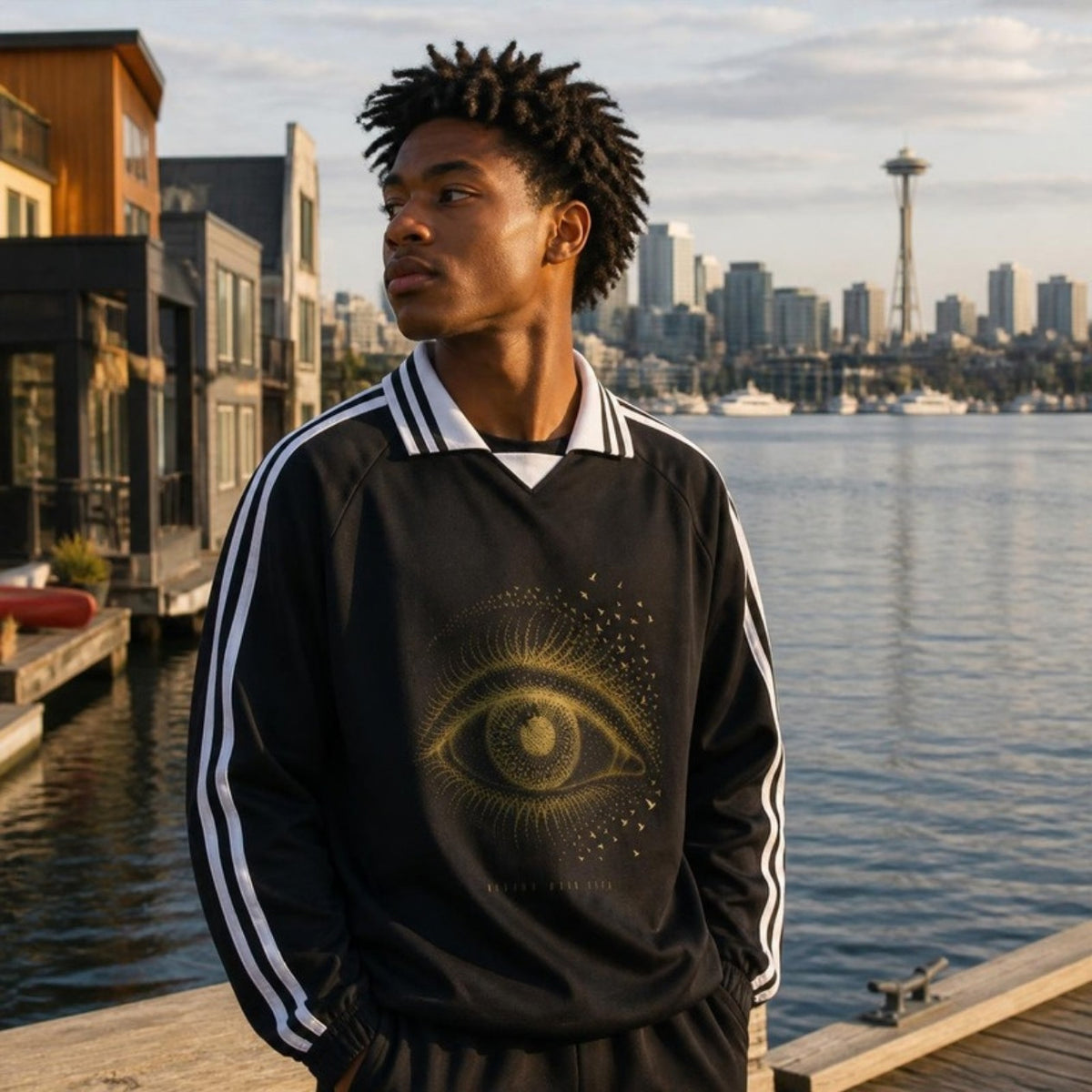 Watched Since Birth Track Sweatshirt on model