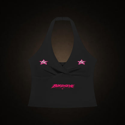 Birdseye Pink Star Halter Tank in black