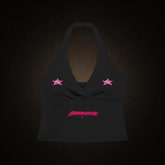 Birdseye Pink Star Halter Tank in black