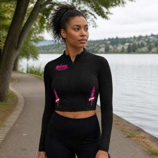 Model wearing the Pink Star Crop Jacket at Green Lake, Seattle