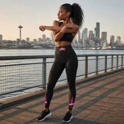 Model wearing the Pink Star Leggings on the Seattle waterfront