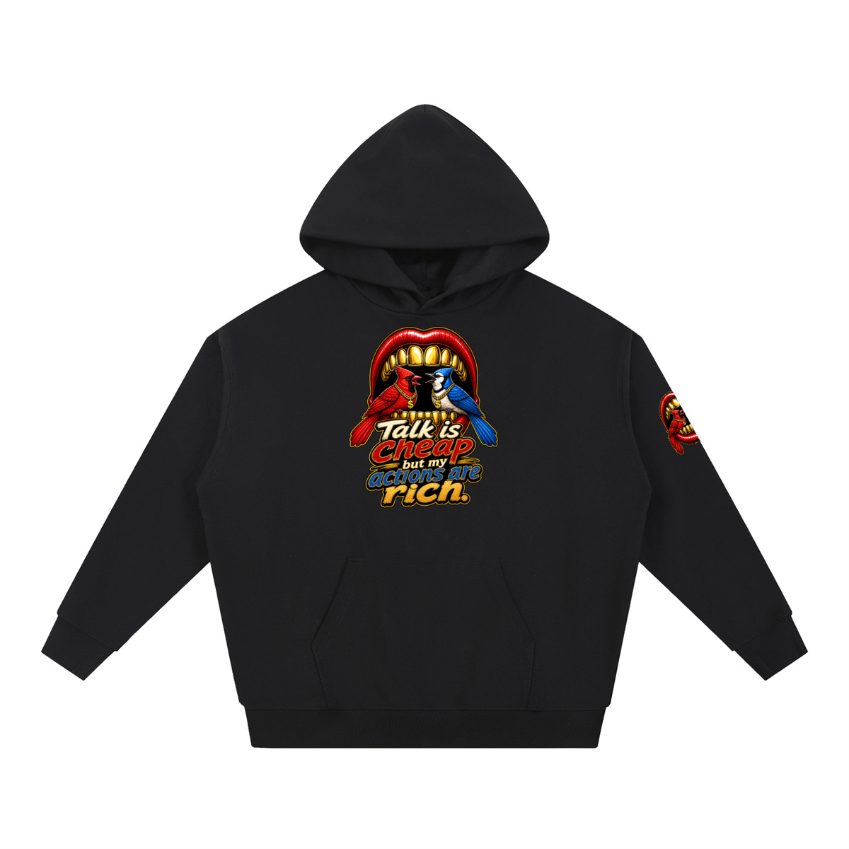 Talk Is Cheap Heavyweight Hoodie – Gold Grill Cardinal & Blue Jay Graphic