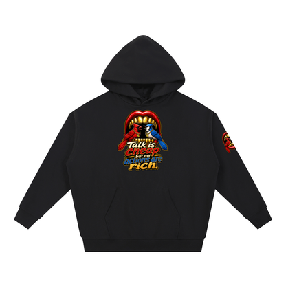Talk Is Cheap Heavyweight Hoodie – Gold Grill Cardinal & Blue Jay Graphic