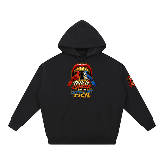 Talk Is Cheap Heavyweight Hoodie – Gold Grill Cardinal & Blue Jay Graphic