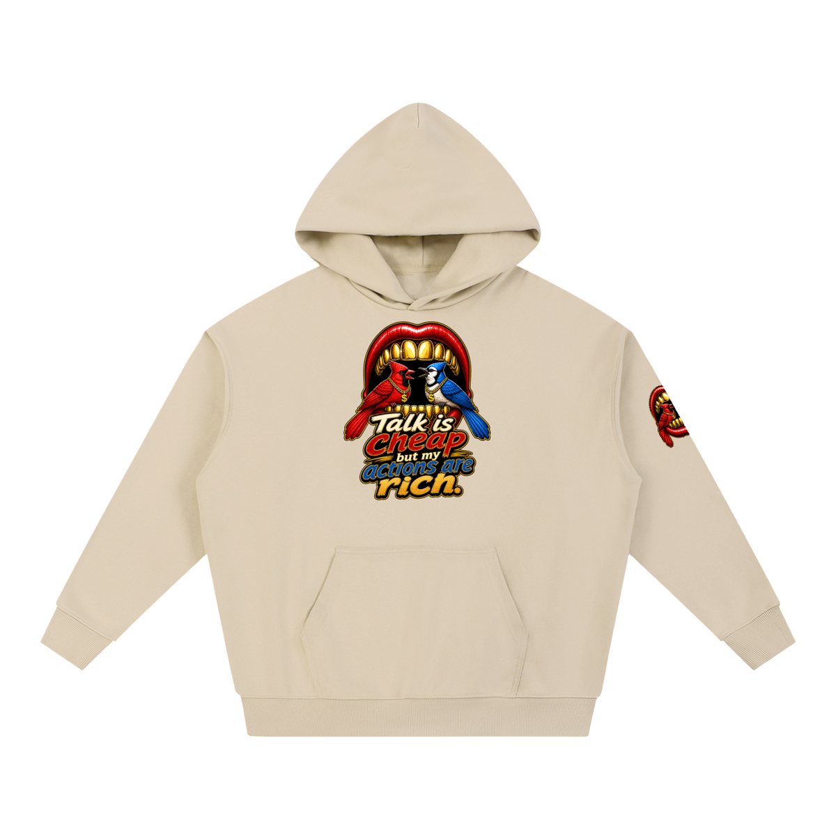 Talk Is Cheap Heavyweight Hoodie – Gold Grill Cardinal & Blue Jay Graphic