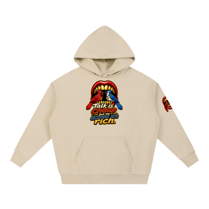 Talk Is Cheap Heavyweight Hoodie – Gold Grill Cardinal & Blue Jay Graphic