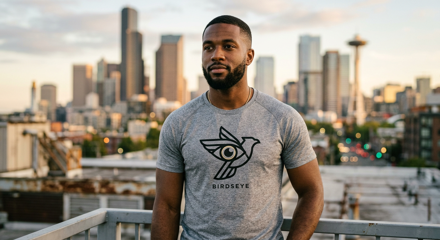 Confident Black man with low fade wearing Birdseye Core performance tee with eye-bird emblem and Seattle skyline at golden hour
