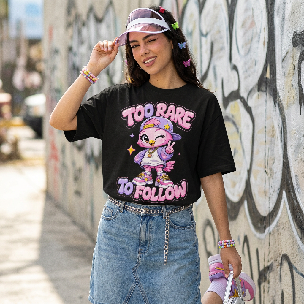 Y2K-styled woman with pink visor wearing Too Rare To Follow tee with cartoon bird mascot graphic