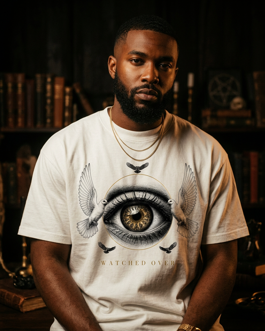 Mysterious Black man with low fade and trimmed beard wearing Watched Over white oversized tee with hyper-detailed eye, doves, and owls graphic, dark moody interior backdrop