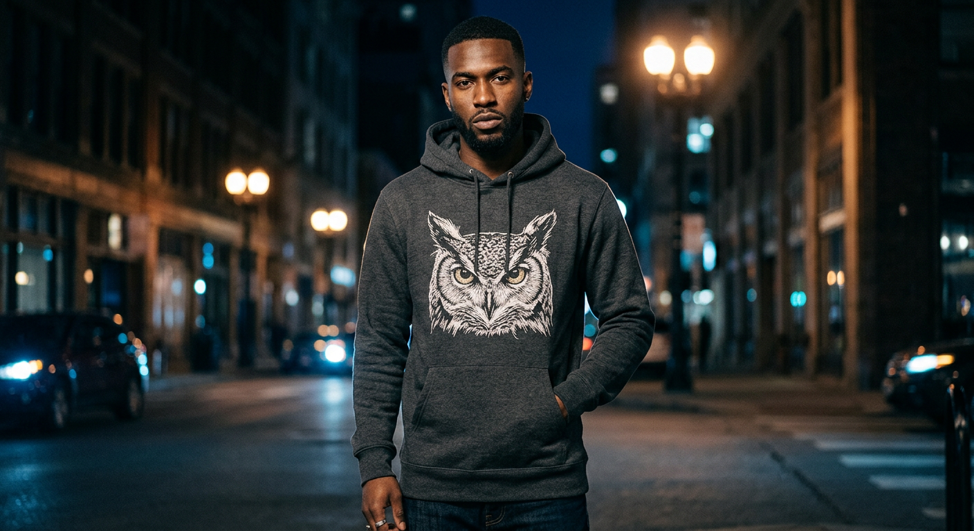 Tall Black man wearing Night Watch Owl graphite heather tall pullover hoodie with scratchboard owl graphic on night-time city street with streetlamps