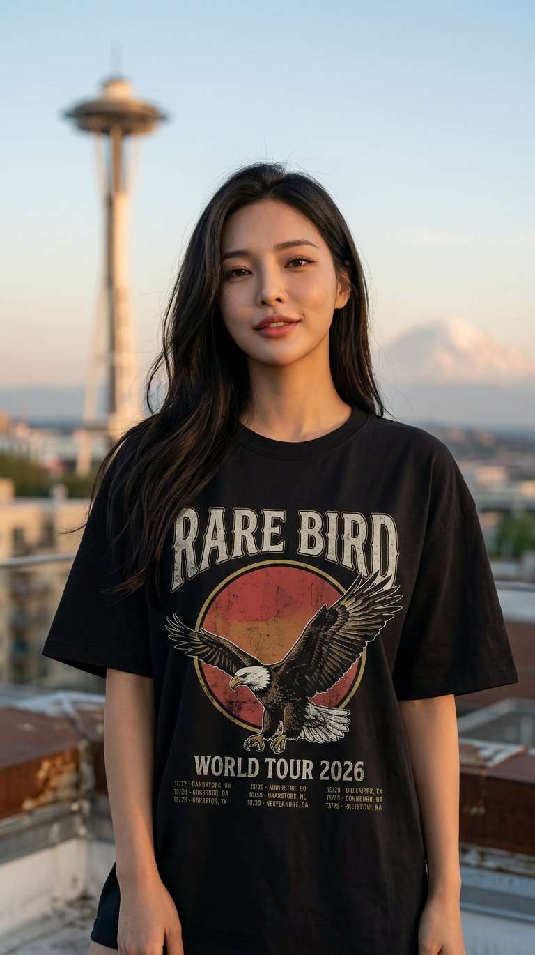Asian woman wearing Rare Bird World Tour vintage tee with Seattle Space Needle and Mount Rainier in background at golden hour