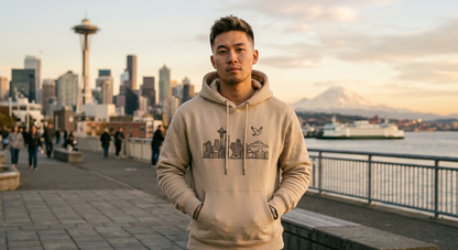 Asian man wearing Seattle Skyline sand pullover hoodie on actual Seattle waterfront with Space Needle and Mount Rainier at golden hour