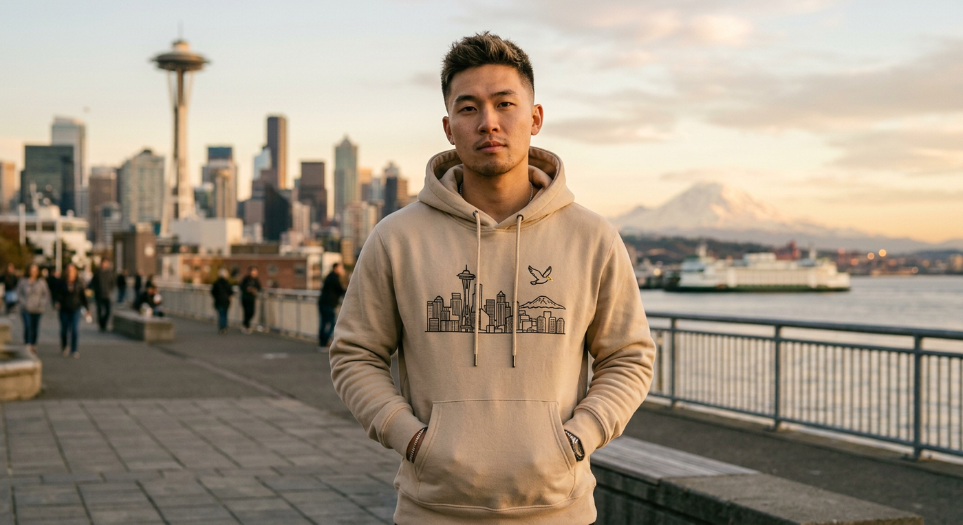 Asian man wearing Seattle Skyline sand pullover hoodie on actual Seattle waterfront with Space Needle and Mount Rainier at golden hour