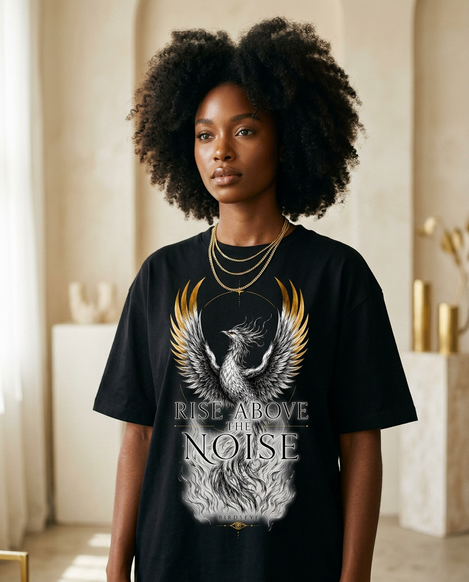 Confident Black woman wearing Rise Above The Noise white tee with bird-in-flight graphic on city rooftop at sunrise