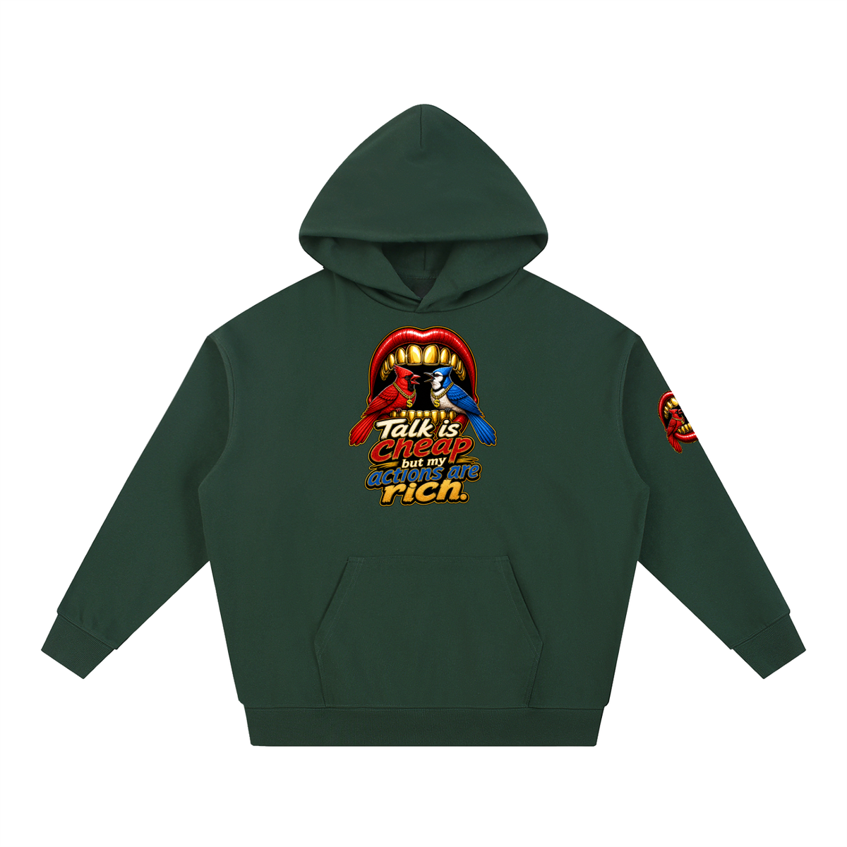 Talk Is Cheap Heavyweight Hoodie – Gold Grill Cardinal & Blue Jay Graphic