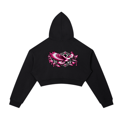 Never Caged Cropped Zip-Up Hoodie – Black & Pink Y2K Dove Graphic