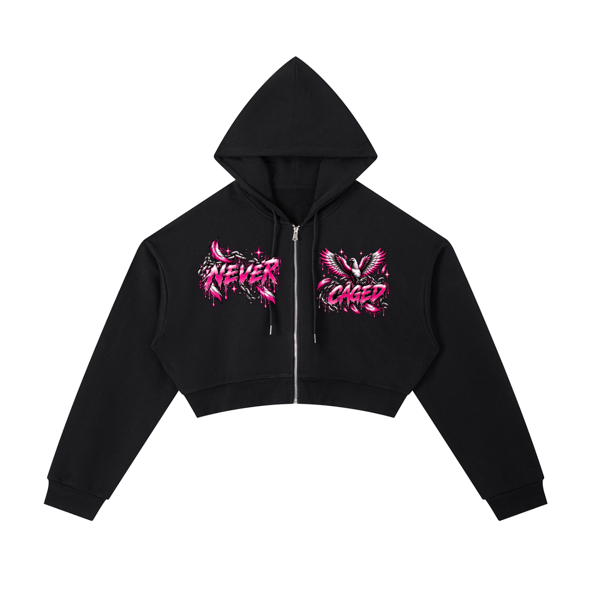Never Caged Cropped Zip-Up Hoodie – Black & Pink Y2K Dove Graphic